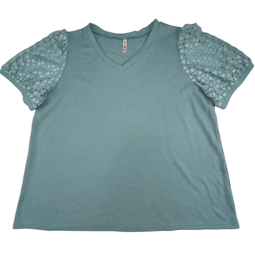 Olrik Blouse 3X Blue Waffle Knit Top Crochet Lace Puff Sleeves Boho Cottagecore